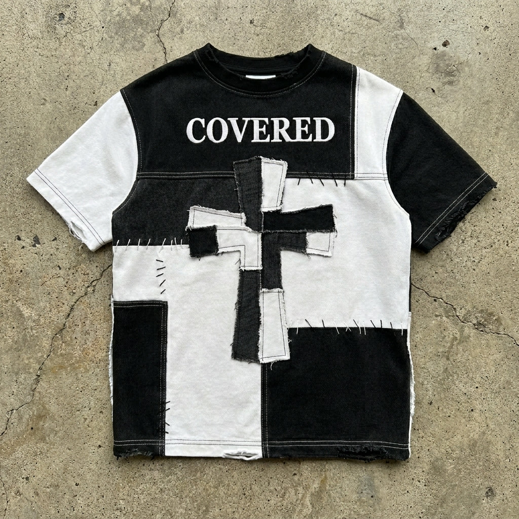 Covered Grace - Premium Black and White Patchwork T-Shirt