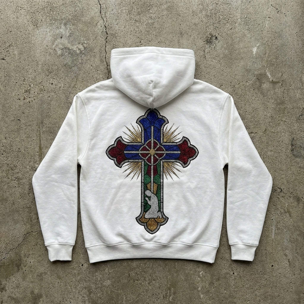 Stained Glass Sanctuary - Premium White Rhinestone Hoodie