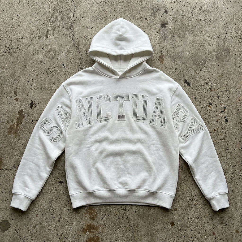Stained Glass Sanctuary - Premium White Rhinestone Hoodie