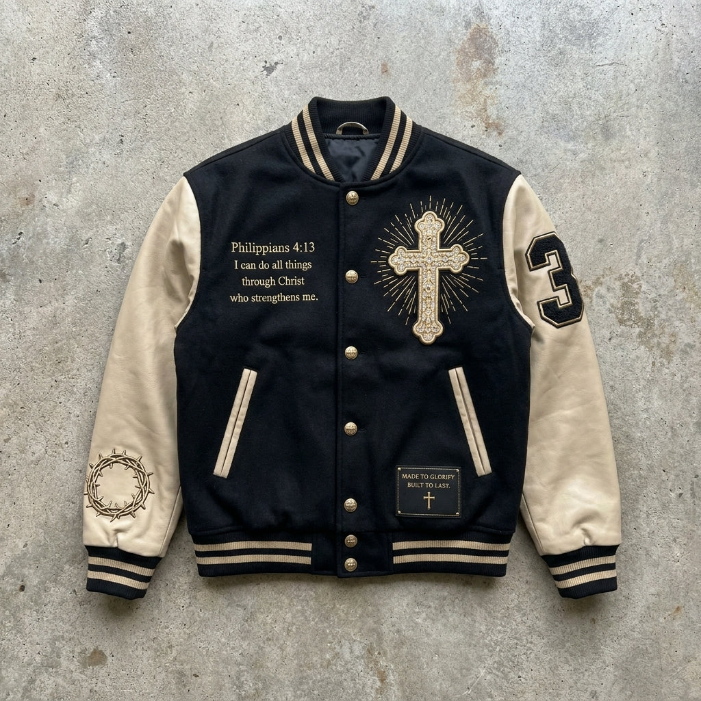 Spirit Strength - Premium Black and Cream Varsity Jacket